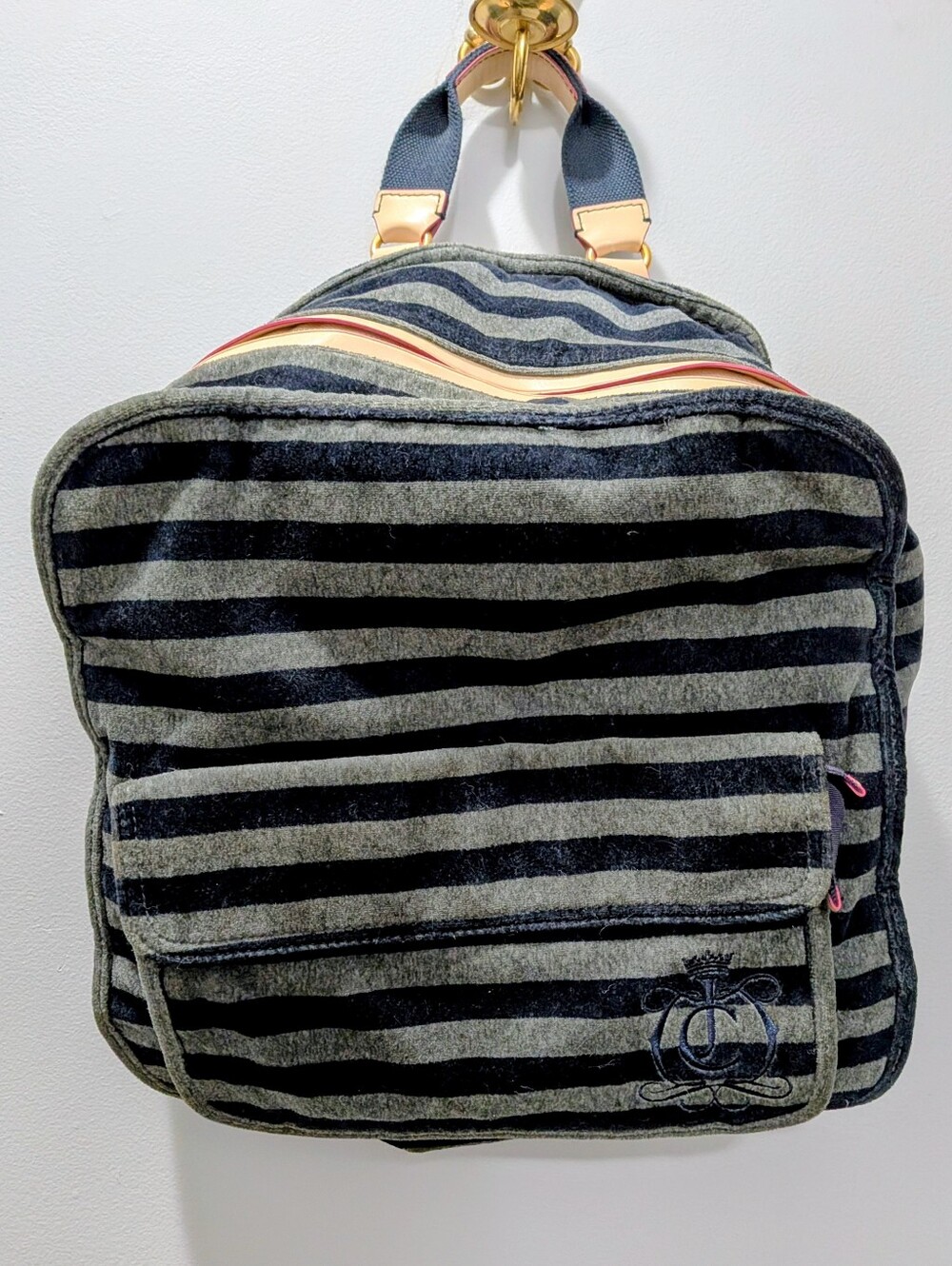 Y2K Rare Juicy Couture Velour Striped Backpack Navy & Gray